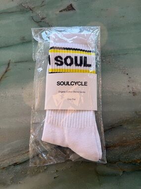 soulcycle White Crew Socks with Black and Yellow Stripe